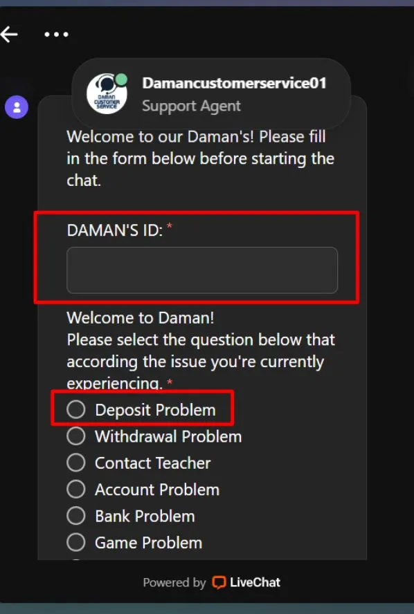 Entering Daman Game ID and choosing issue